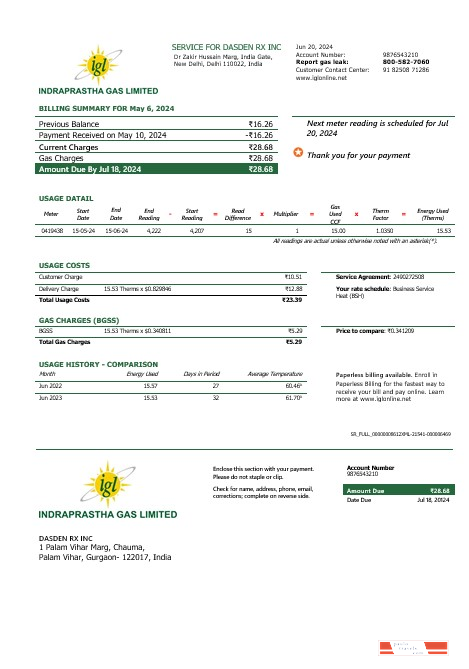 India Indraprastha Gas business utility bill template in Word and PDF formats